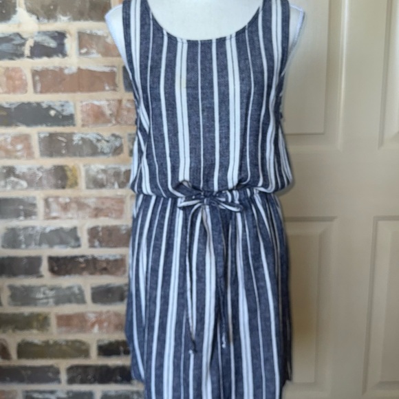Old Navy Blue White Stripe Linen Blend Mini Dress Cinch Waist Drawstring Tie SzM - Picture 8 of 10